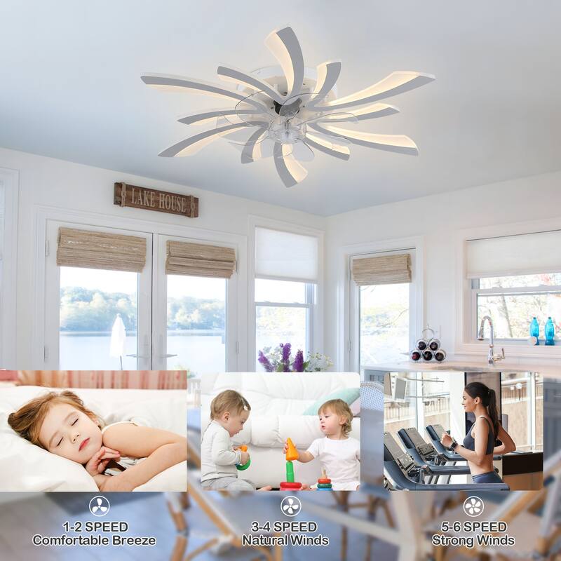 Chichoice 31" Modern Low Profile Flower Ceiling Fan with LED Light, Hidden Blade 6-Speed Flush Mount Fandelier with Remote/App