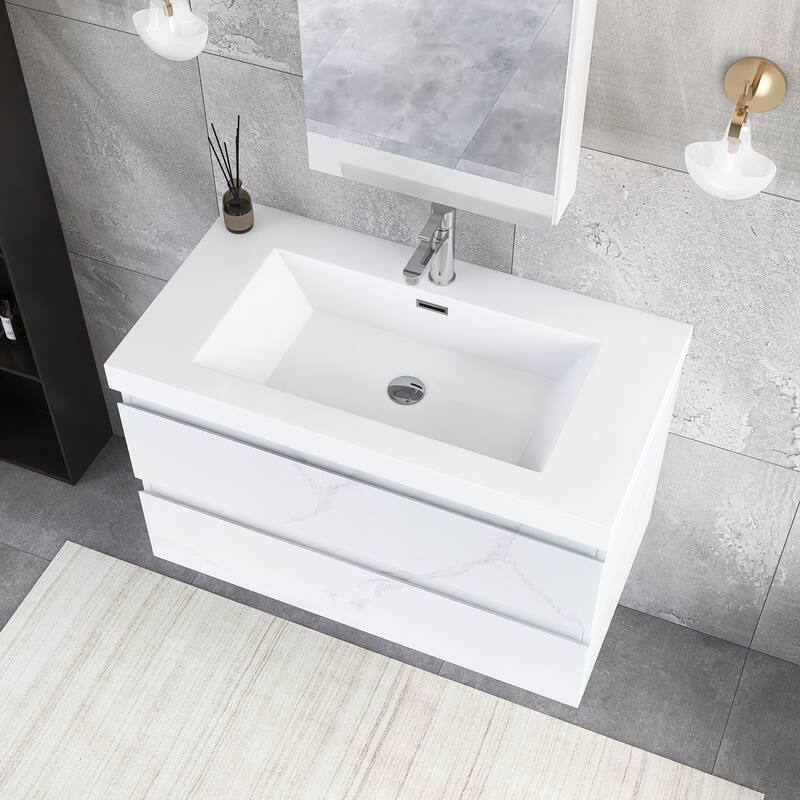 Floating Bathroom Vanity Integrated White Resin Sink