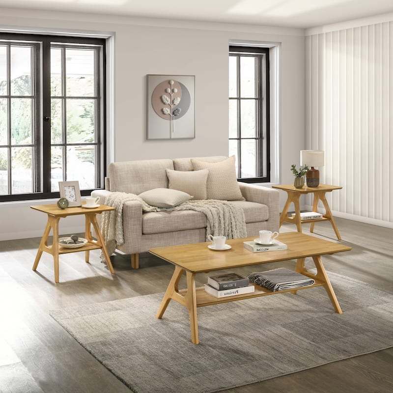 Roundhill Furniture Arona Mid-Century Modern Wood 3-Piece Coffee Table Set - Natural Oak