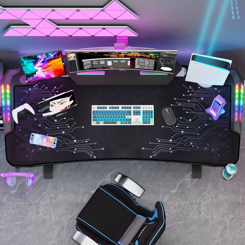 71" Gaming Table Office Computer Desk Gamer Workstation with Monitor Shelf LED Light Mouse Pad