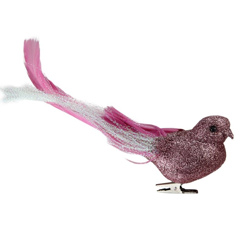 7" Glittered Bird with Feather Tail Christmas Ornament with Clip