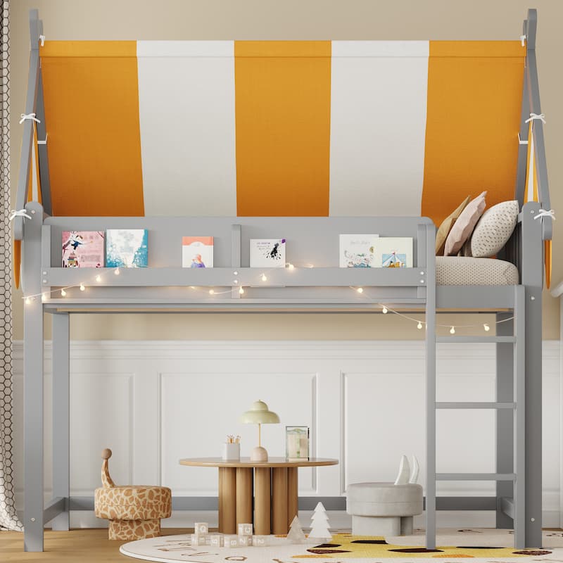 Full/Twin Size Loft Bed with Canopy, LED Lights & Bookshelf, Elevated Bed with Storage - Grey - Full