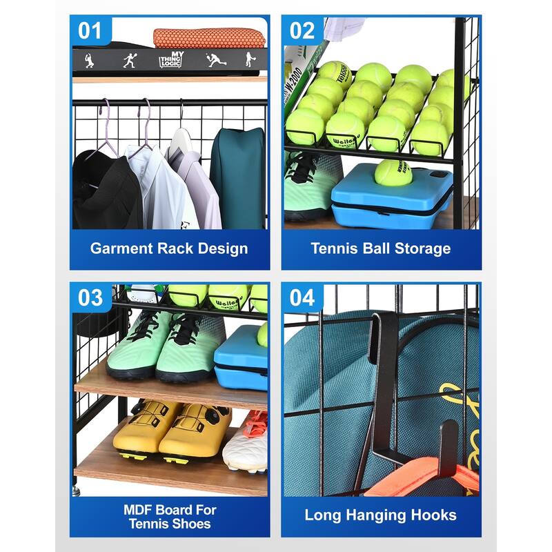 Sport Equipment Storage Rack, Home Organizer with Wheels