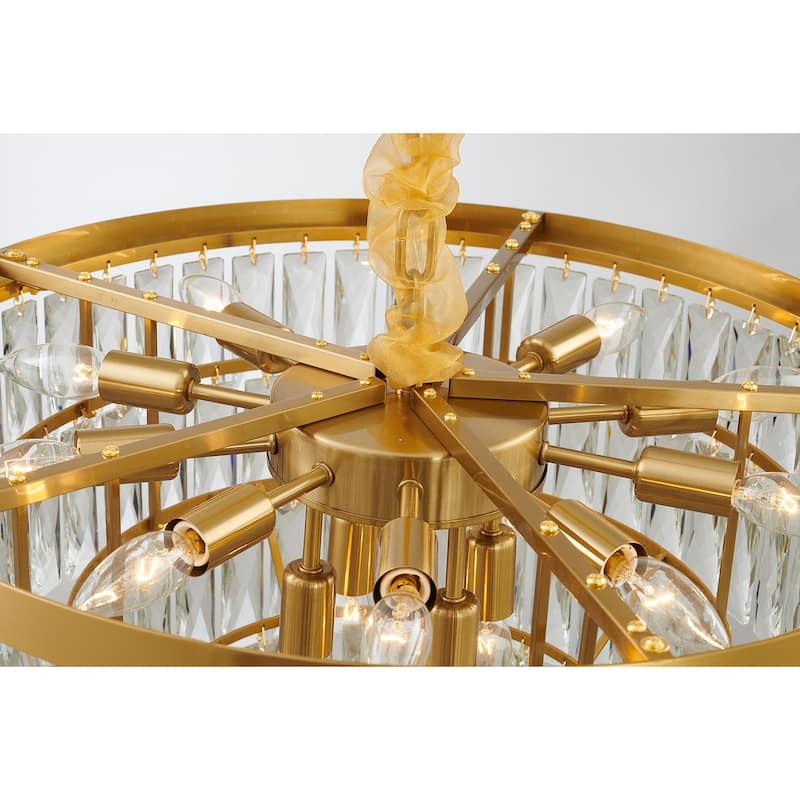 12-Light Gold Metal Chandelier With Clear Crystals - N/A