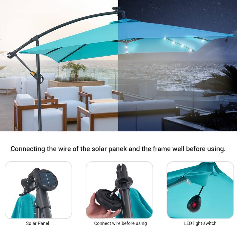 LIVOOSUN 8.2Ft LED Square Offset Hanging Patio Umbrellas w/Base