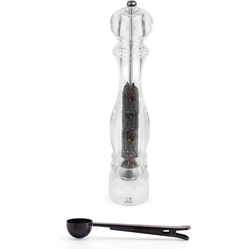 Nancy Acrylic Manual Pepper Mill - Transparent Adjustable Grinder Gift Set- With Stainless Steel Spice Scoop/Bag Clip, 15 Inch - Clear - 2 Piece