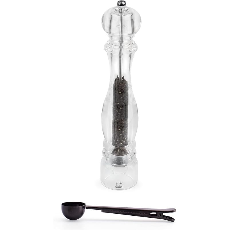 Nancy Acrylic Manual Pepper Mill - Transparent Adjustable Grinder Gift Set- With Stainless Steel Spice Scoop/Bag Clip, 15 Inch