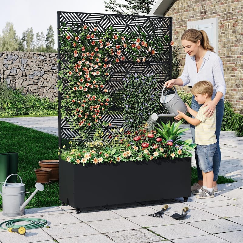Metal Privacy Screen Planter Box, Raised Garden Bed for Climbing Plants, Veggies, Parallel Style With Wheels