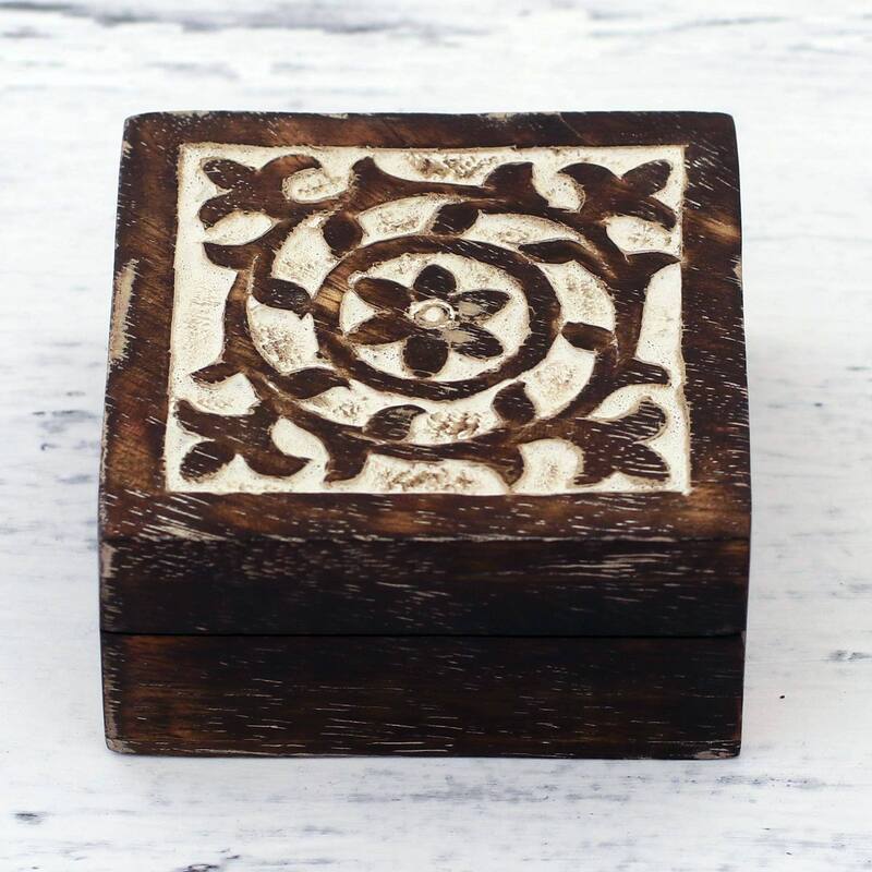 Novica Handmade Floral Circle Wood Decorative Box - 1.5" H x 3.1" W x 3.1" D