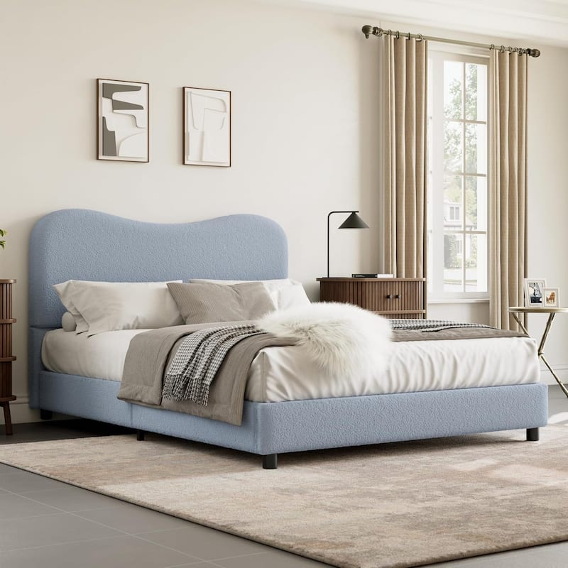 Kids Upholstered Platform Bed, Soft Boucle Fabric with Low Profile Frame & Wood Slats, Boys/Girls Bedroom