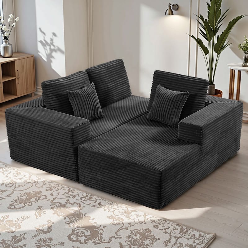 Meyreso No Assembly Required Long Plush L-Shaped Sectional Sofa with Square Nesting Coffee Tables