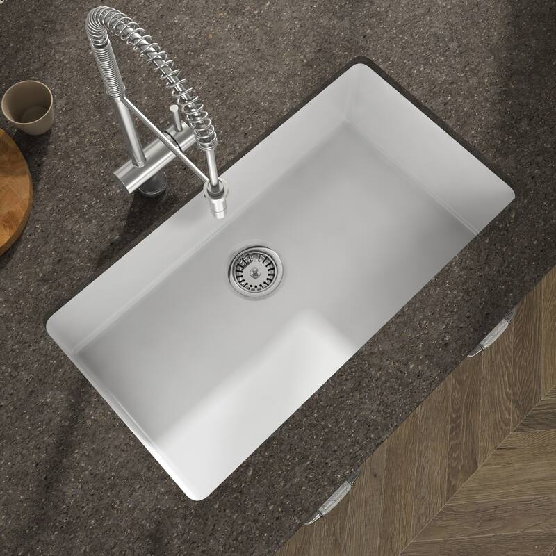 Yorkshire Undermount Fireclay Kitchen Sink in White with Strainer
