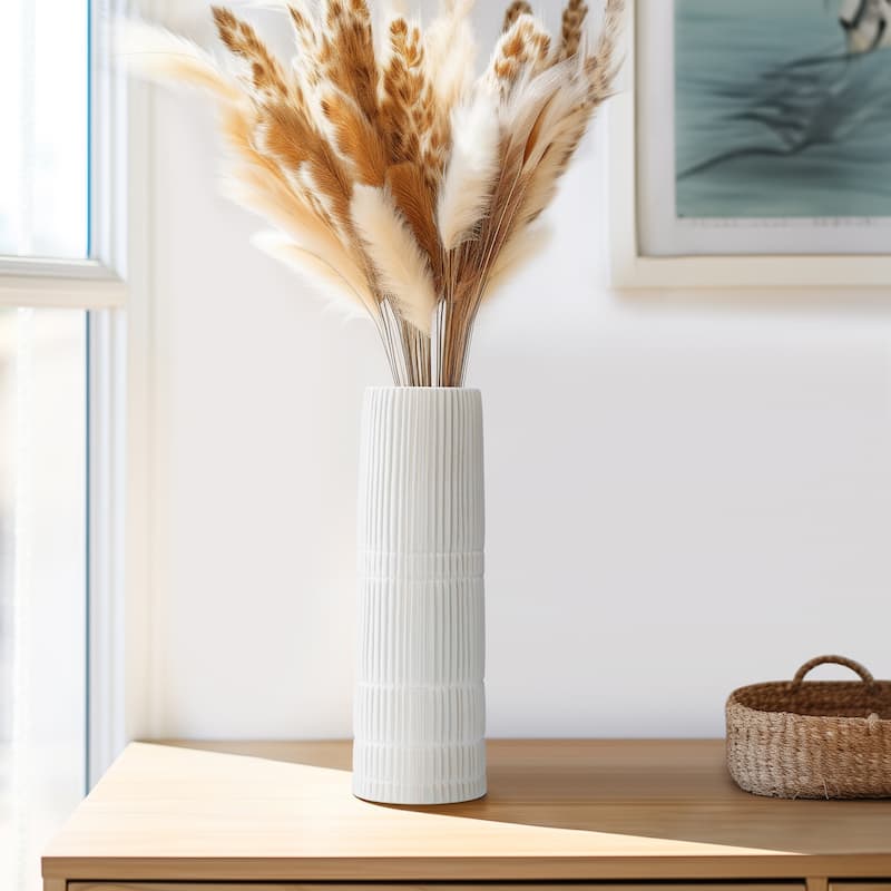 Sagebrook Home Modern Neutral Ceramic Vase - Line White - 5" x 5" x 15"