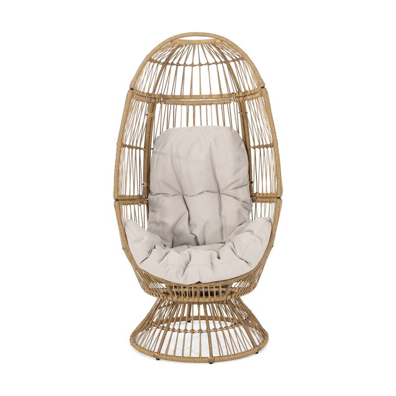 Pintan Outdoor Wicker Swivel Egg Chair by Christopher Knight Home - Light Brown + Beige Cushion