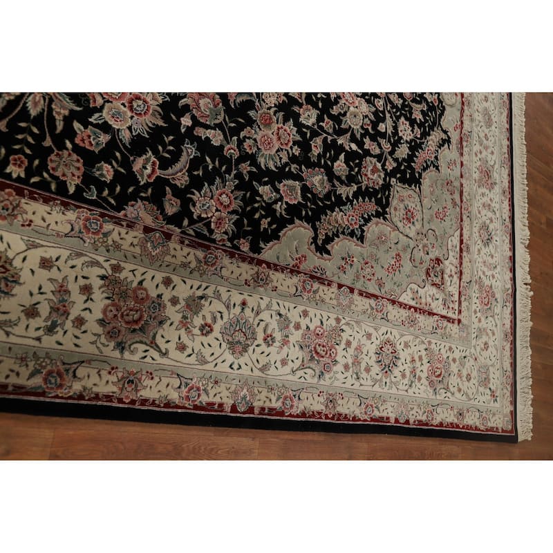 Black Aubusson Chinese Vintage Large Rug Hand-Knotted Wool Carpet - 10'3" x 14'1"