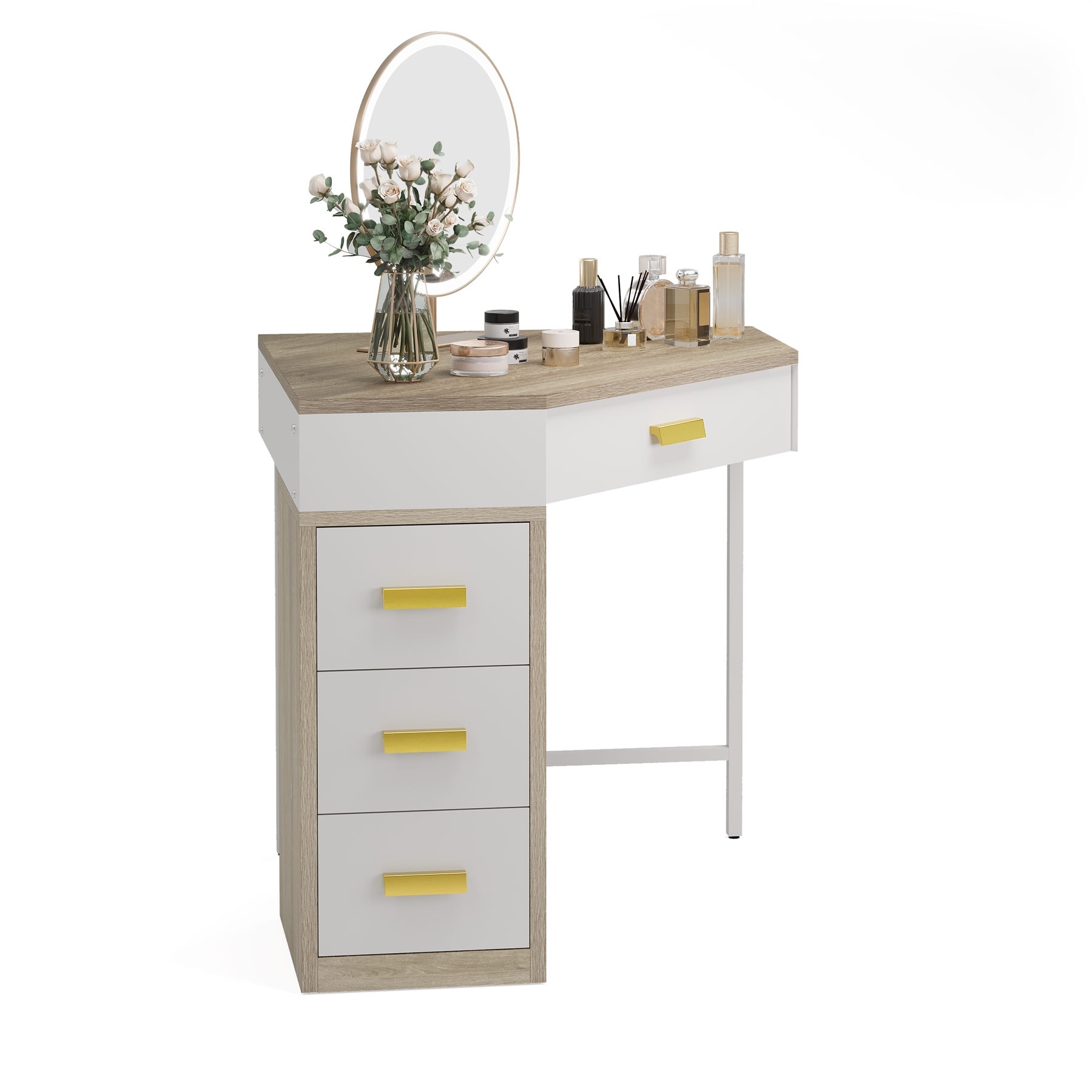 Wood & Metal Corner Vanity Desk with 4 Drawers