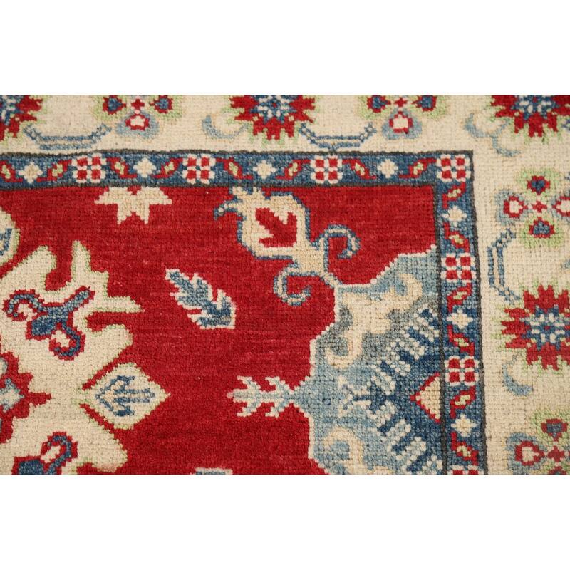 Red Geometric Kazak Rug Hand-Knotted Wool Carpet - 3'5" x 5'0"