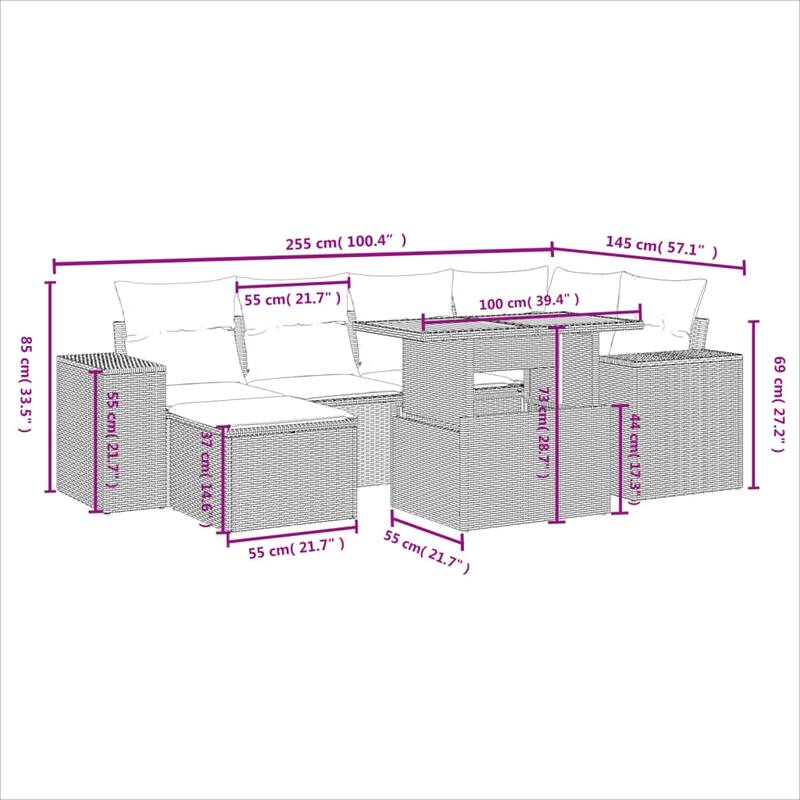 vidaXL Patio Sofa Set with Cushions Outdoor Conversation Furniture Poly Rattan - 21.7 x 24.4 x 27.2