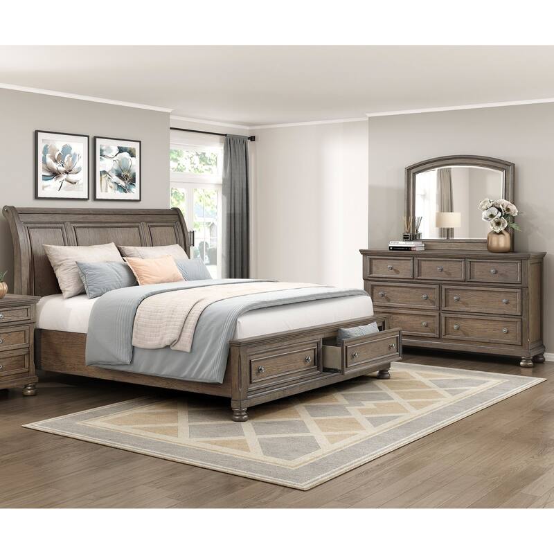 Antique Brown 3pc Bedroom Set Sleigh Platform Bed Dresser Mirror Set Classic Design