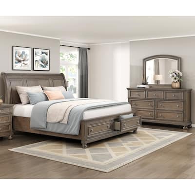 Antique Brown 3pc Bedroom Set Sleigh Platform Bed Dresser Mirror Set Classic Design