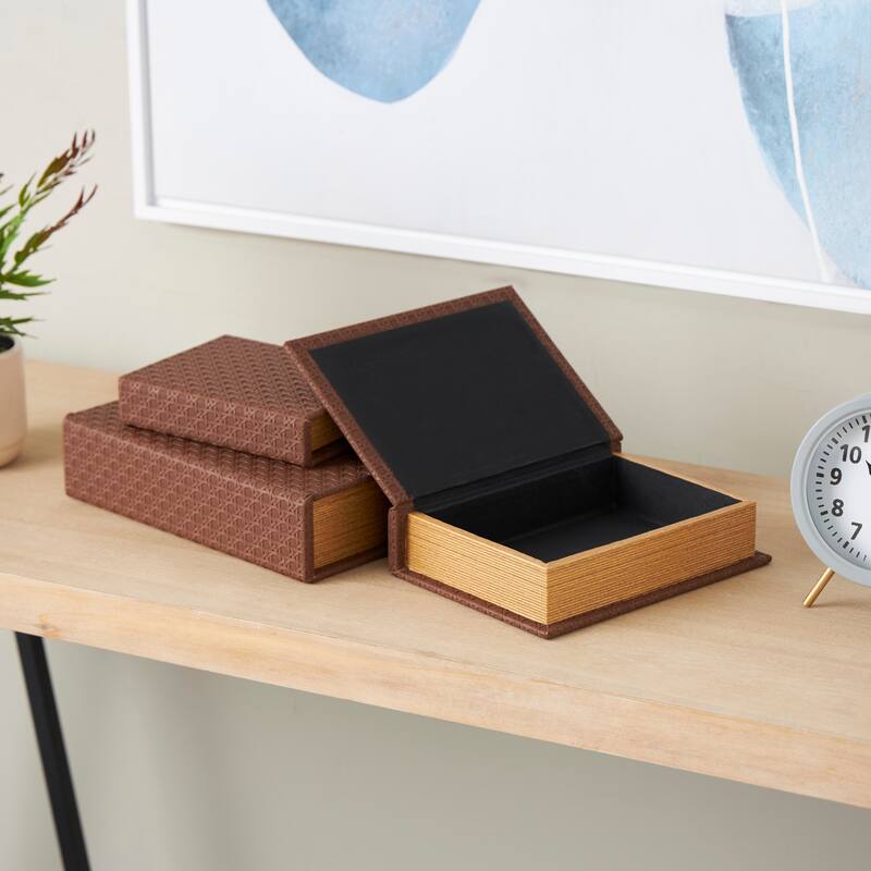 Cream, Black, Copper, Beige or Brown Faux Leather Woven Faux Book Storage Decorative Box (Set of 3)