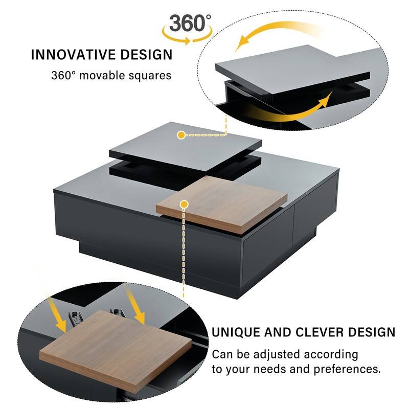Modern Movable Block Coffee Table with Hidden Storage - High Gloss Square Design for Living Room