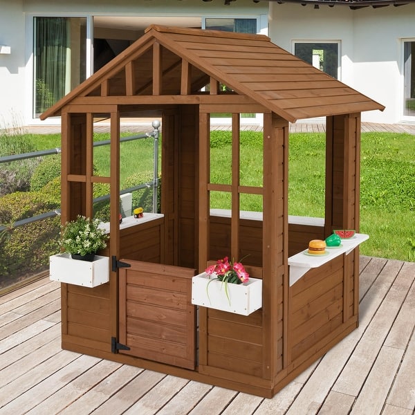 slide 2 of 9, Costway Outdoor Playhouse Wood Adventures Cottage with Serving - Natural + White - See Details Natural + White - See Details