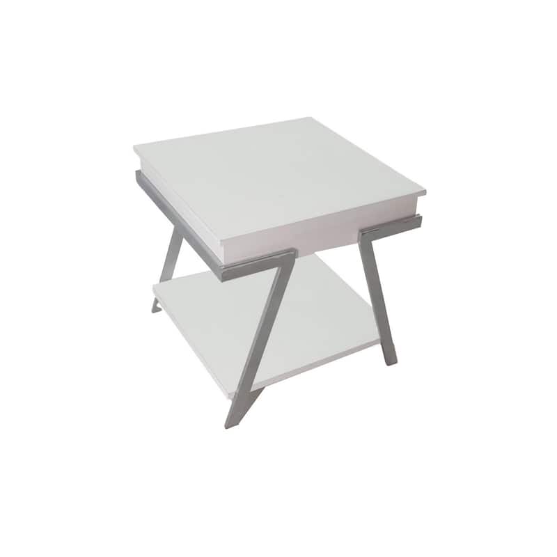 26 in. White and Chrome Rectangle Metal End Table with Angled Legs
