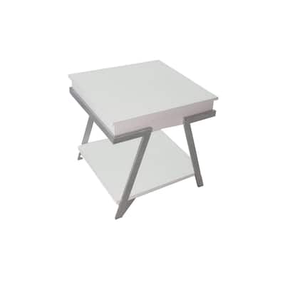 26 in. White and Chrome Rectangle Metal End Table with Angled Legs