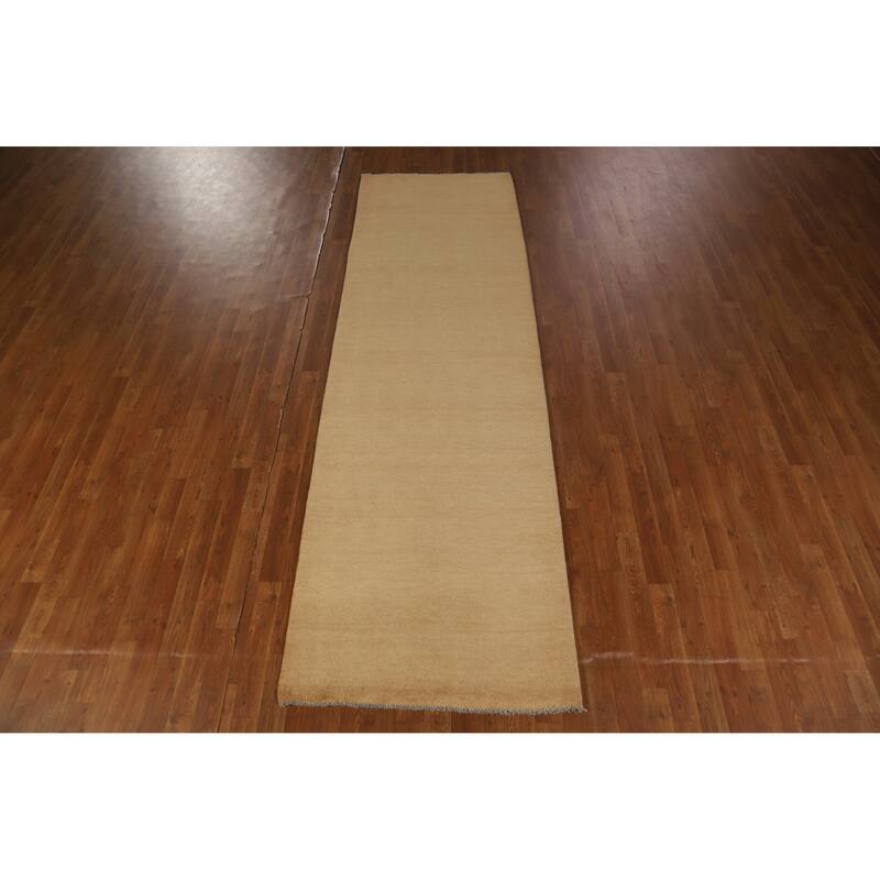 Hand Knotted Oriental 100% Wool Carpet Modern Solid Yellow & Gold Gabbeh Runner Rug - 10' 2'' X 3' 1''