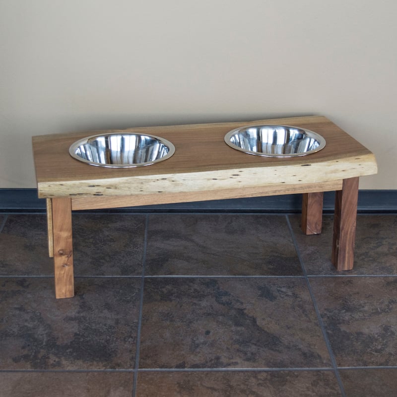 Acacia Wood Live Edge Double Bowl Pet Feeder Stand - 26Lx12Wx10.25H