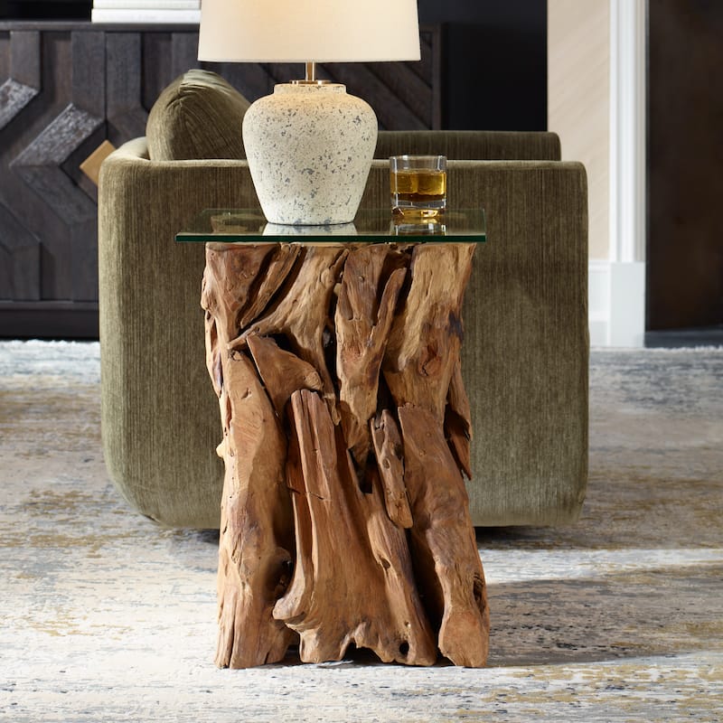 Teak Wood End Table with Glass Top - 24"