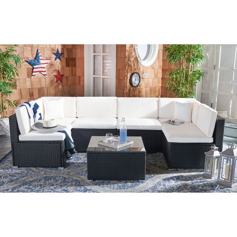 SAFAVIEH Outdoor Patio Furniture Angeles Sectional Seating Set with Glass Top Coffee Table - 23W x 26D x 26H