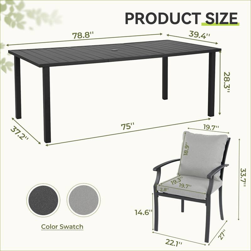 IvyGlow 9-Piece Black Metal Patio Dining Set with Rectangular Table and Gray Cushions