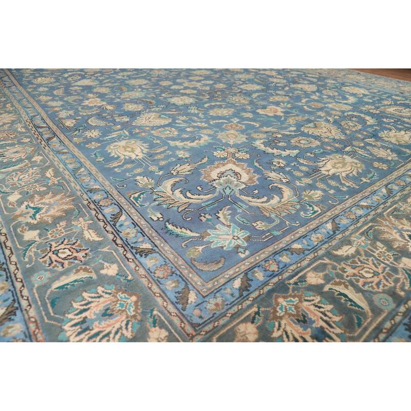 Distressed Blue Floral Tabriz Persian Area Rug Handmade Wool Carpet - 9'1"x 12'4"