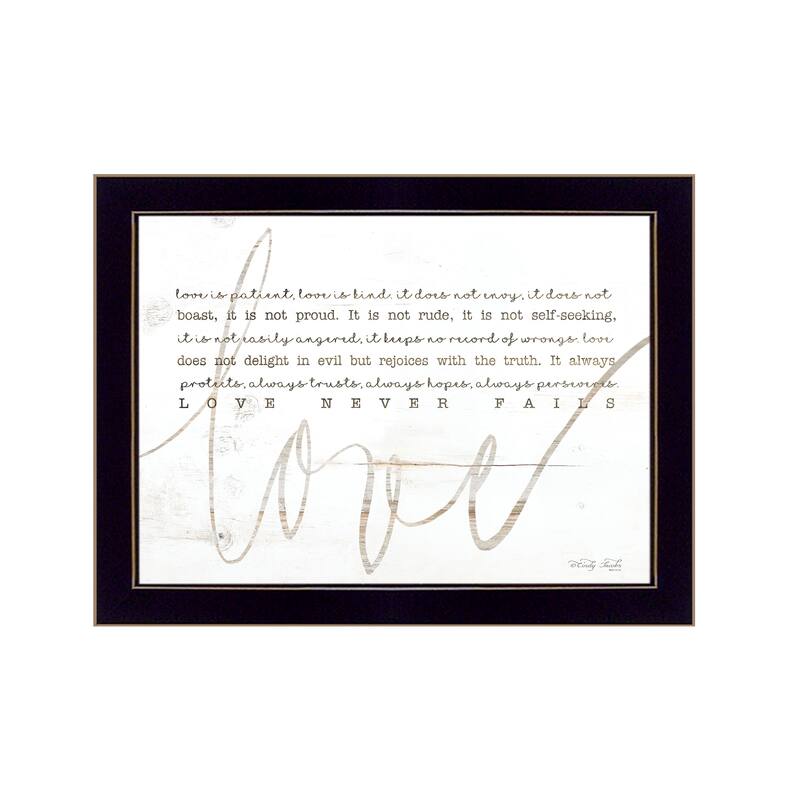 TrendyDecor4U Traditional "Love Never Fails" Framed Print Wall Art by Cindy Jacobs - White, Tan, Black - 14 x 18 - Black