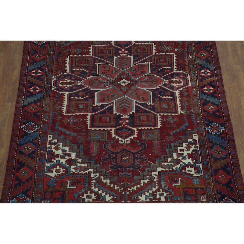 Heriz Persian Vintage Area Rug Hand-Knotted Red Wool Carpet - 7'4" x 10'9"