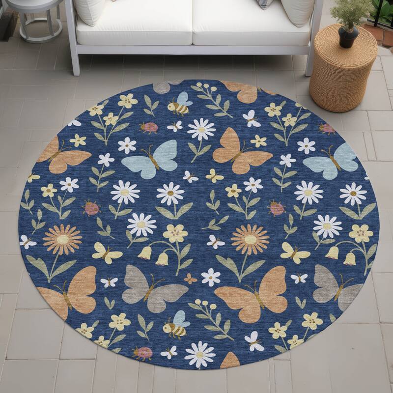 Machine Washable Indoor/ Outdoor Whimsy Butterfly Chantille Rug - Navy - 8' x 8'