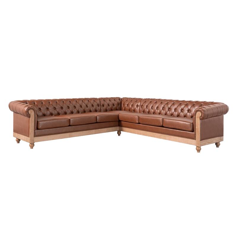 L-Shaped Sectional Sofa with Nailhead Trim & Wooden Legs, PU Leather Upholstered Sofa, Large Corner 6-Seater Sofa