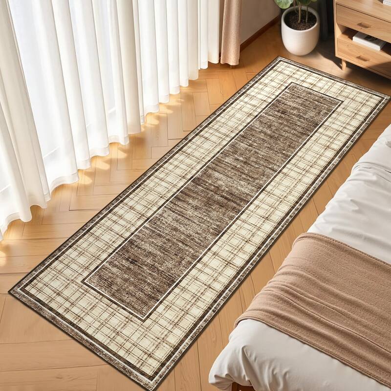 Modern Bordered Rug Farmhouse Plaid Area Rugs for Living Room Bedroom, Indoor Accent Carpet Home Decor - 2'x6' - Camel