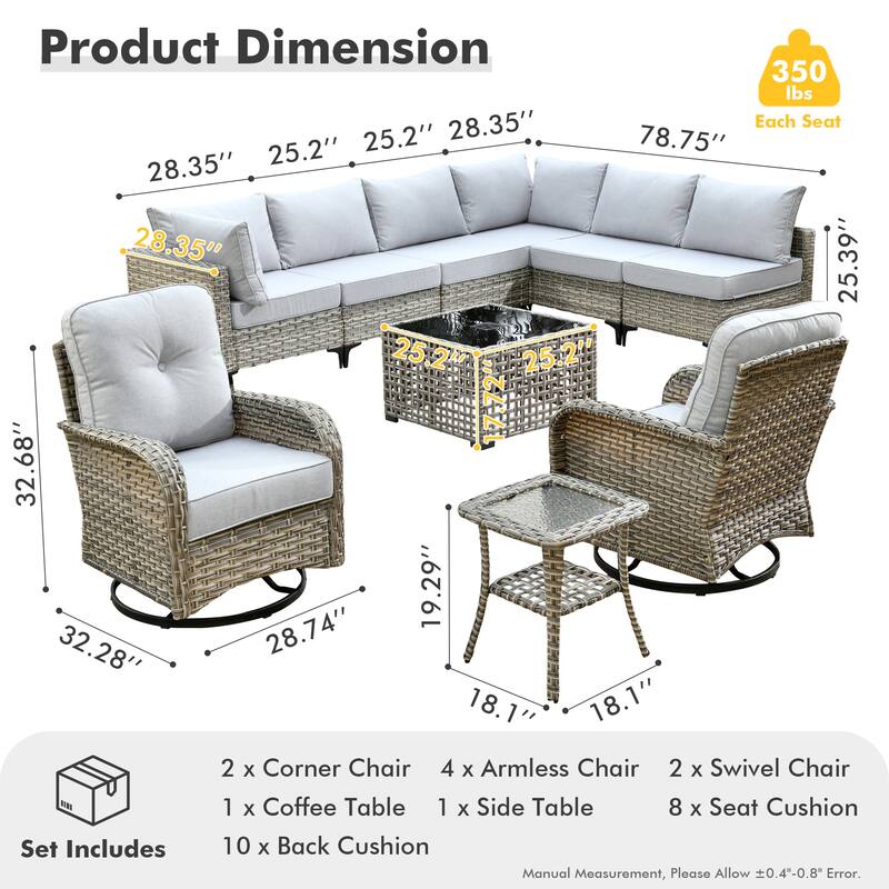 XIZZI 10-piece Patio Furniture Wicker Sectional Set with Swivel Chair