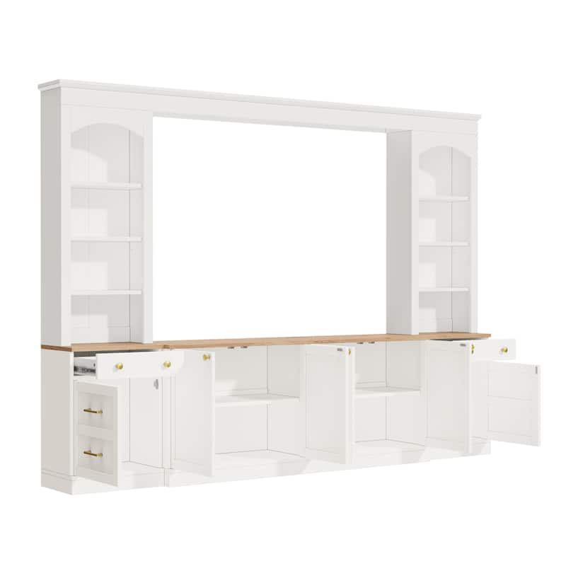 Farmhouse Arched Entertainment Center Wall Unit with Bookshelf,for TVs Up to 70",106"Multi-Functional Media Console with Drawer