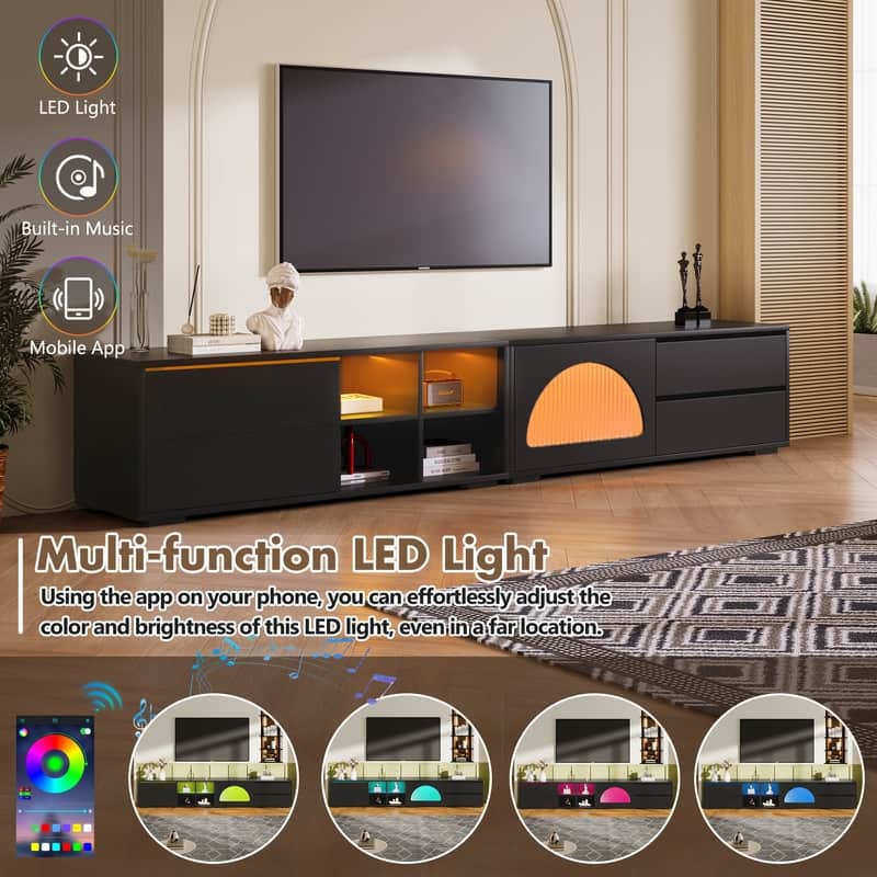 94.4" Modern TV Stand with LED Lights, Fluted Glass Doors & Drawers - Media Console for TVs Up to 100 inches