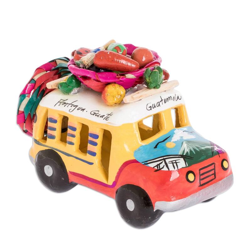 Novica Handmade Red And Yellow Old Time Bus Mini Ceramic Sculpture