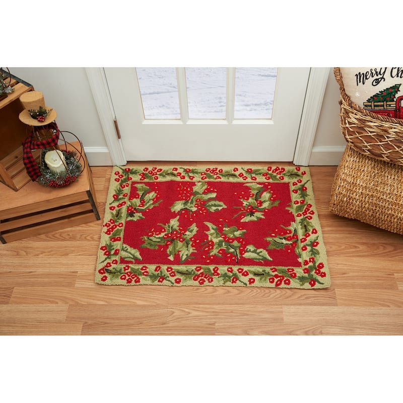 2'0" x 3'0" Holly Red Hooked Christmas Rug - 2' x 3'