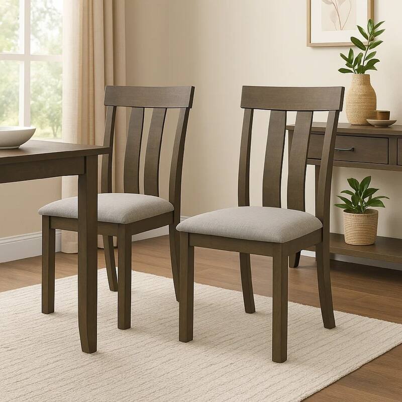 Omal Set of 2 Dining Chairs, Brown Wood Slatted Back, Gray Fabric Seat