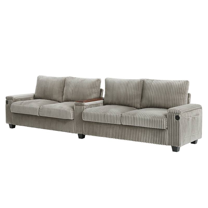 133" Corduroy 4-Seater Sofa with USB Ports, Hidden Storage Arms & Flip-Top Cup Holders