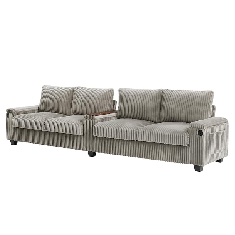 Roomfitters 4-Seater Corduroy Modern Sofa Couch with USB Ports Hidden Storage Arms & Flip-Top Cup Holders for Living Room