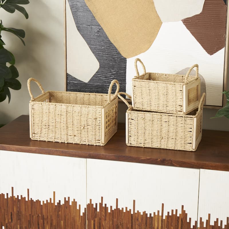 Rattan Woven Decorative and Functional Storage Basket with Rope Handles - Set of 3 Brown or Light Brown - Roche River Decor