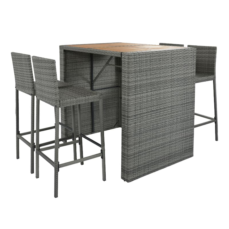 5-pieces Outdoor Patio Wicker Bar Set, Bar Height Chairs With Non-Slip Feet And Fixed Rope, Removable Cushion - Grey